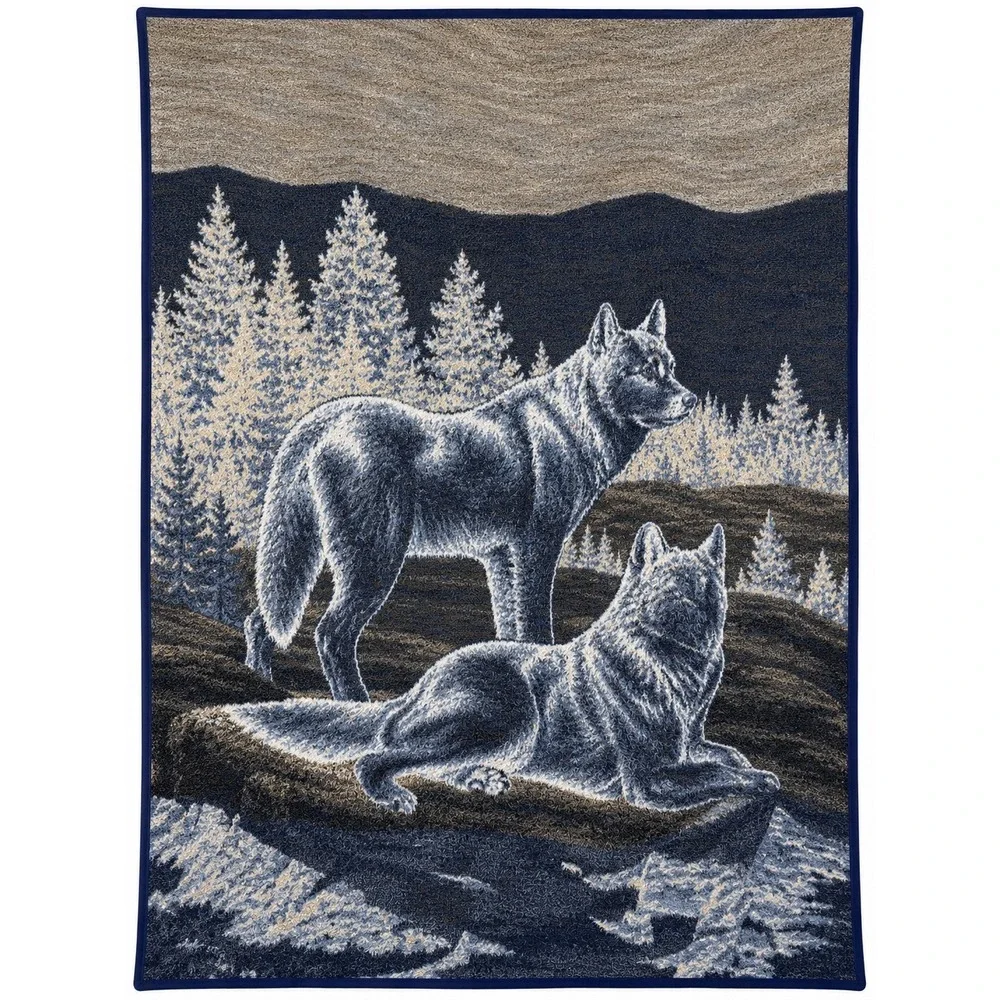 Vintage Biederlack Wolf Blanket Reversible Blue White Fleece Made‎ in USA 56x74